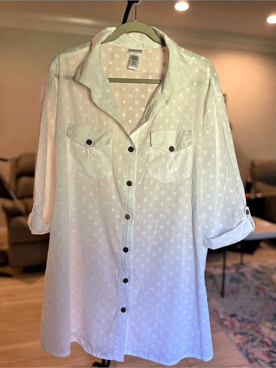 Dotti Tops - Dotti Cotton Polka Dot Button Down White Size 2X